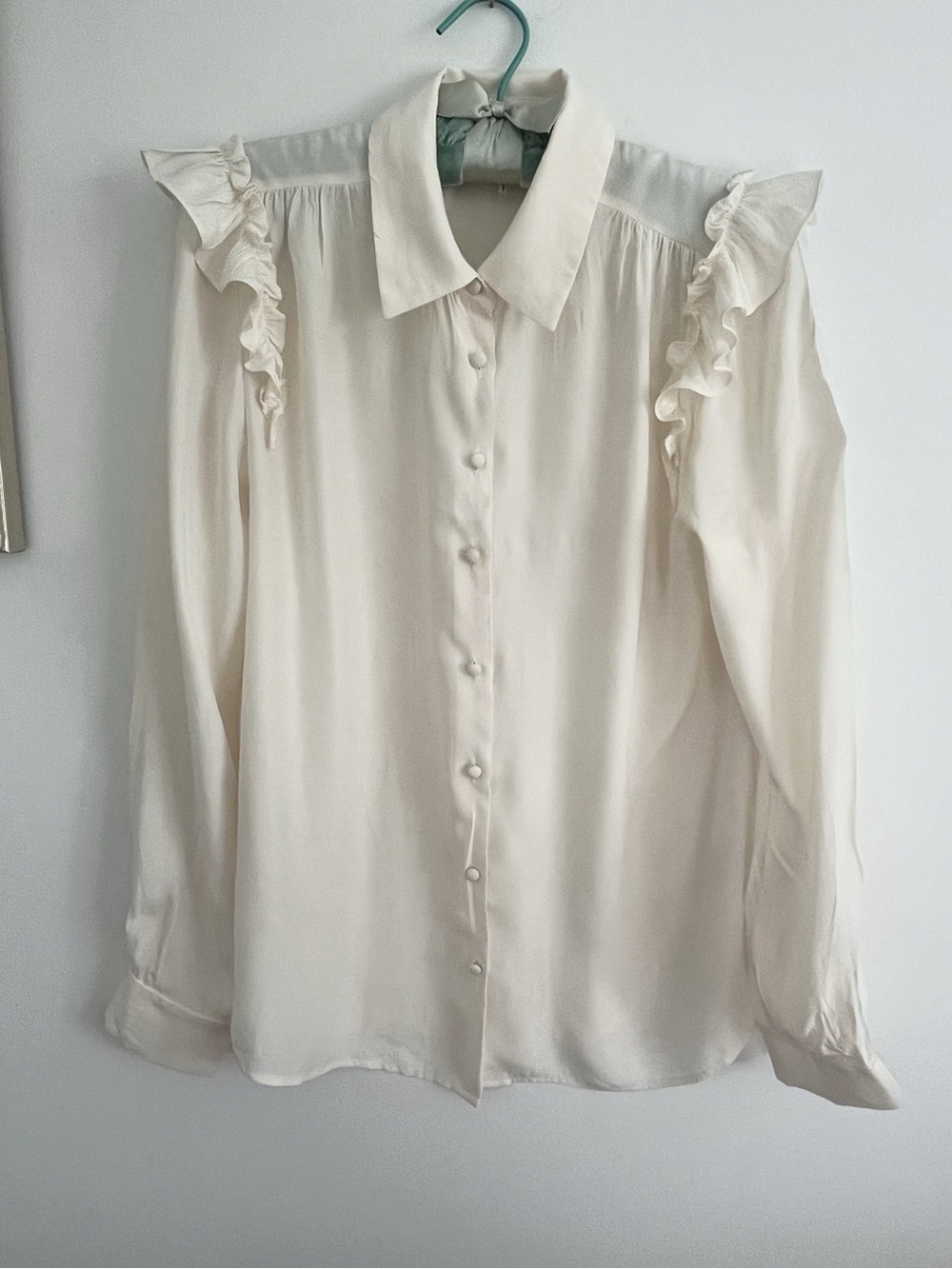 Frame Off White Silk Collared Button Up Ruffle Shoulder Blouse